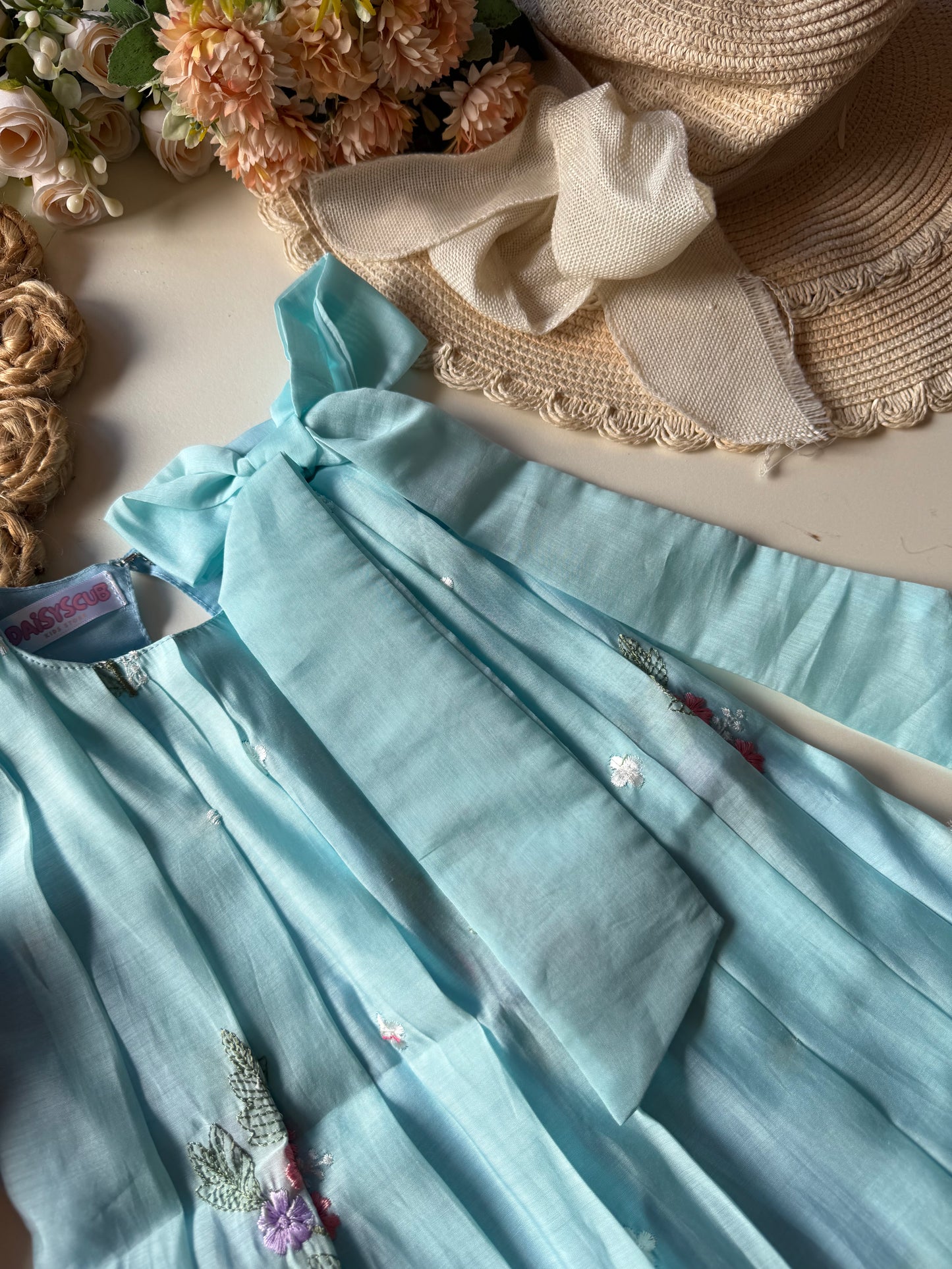 Sky Blue Mul cotton Pleated Bow Frock
