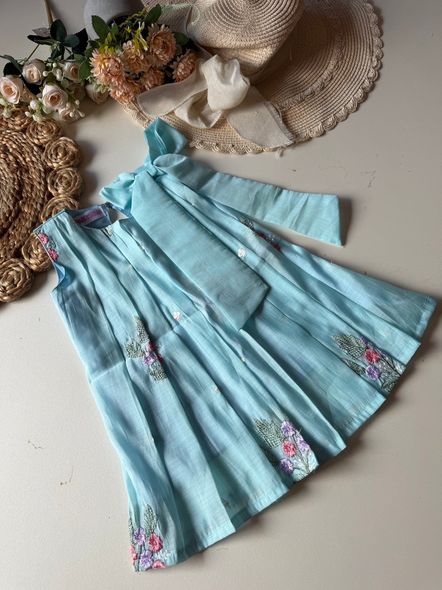 Sky Blue Mul cotton Pleated Bow Frock