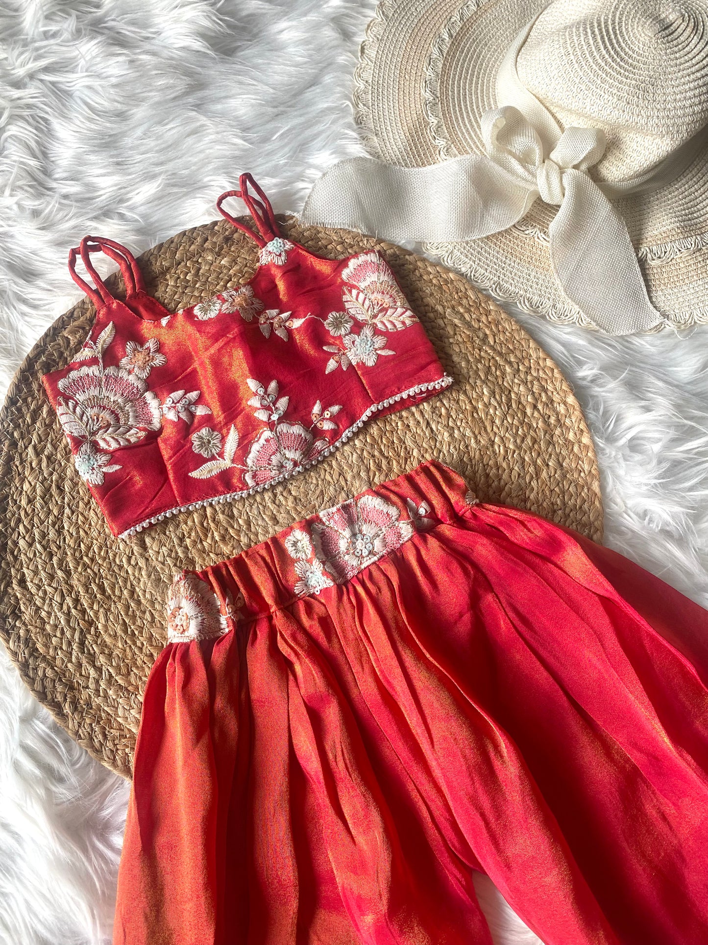 Tissue Embroidery Crop Top with Pants