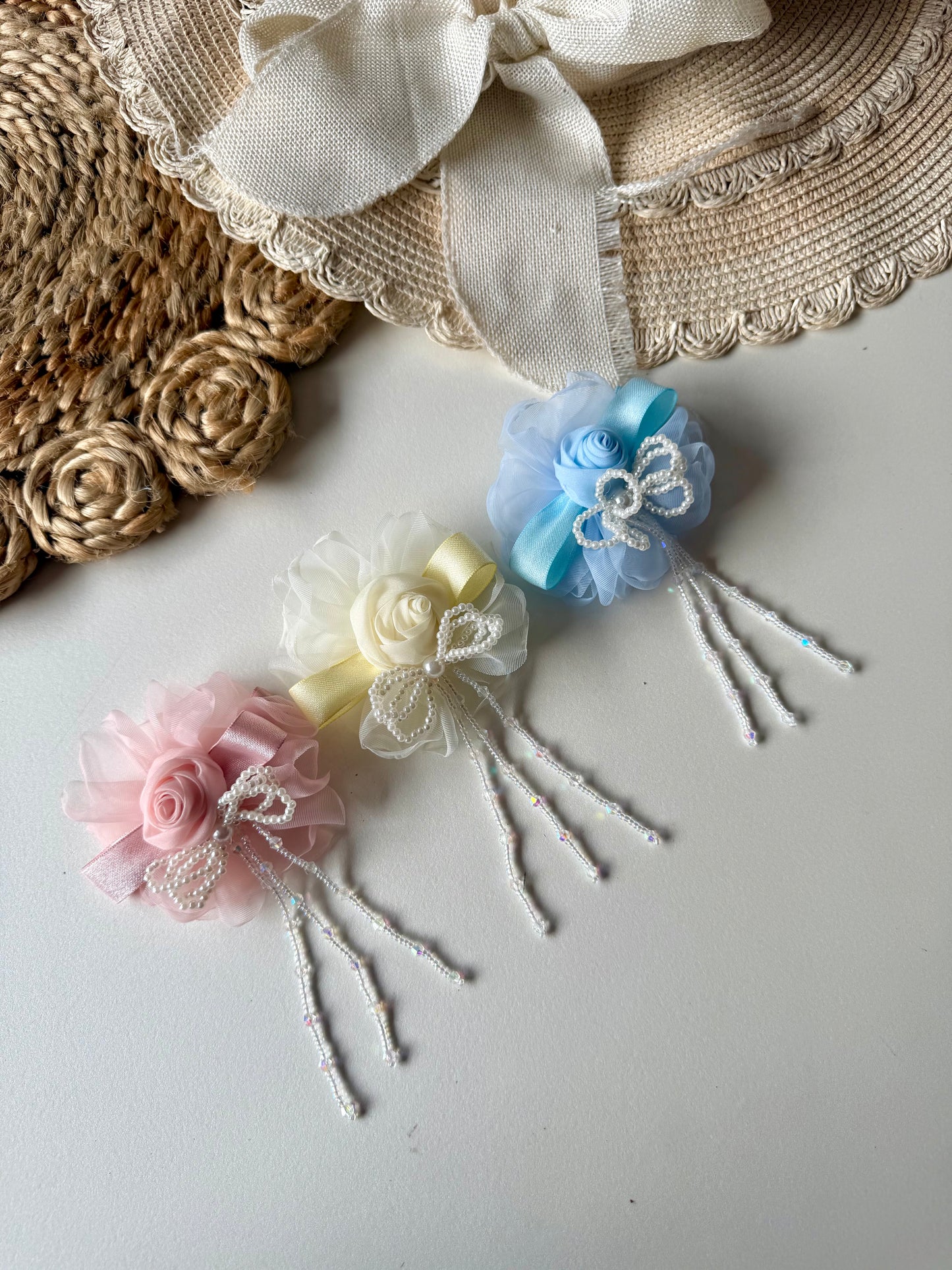 Rose Pearl Hanging Hair Bow Clip / Pin