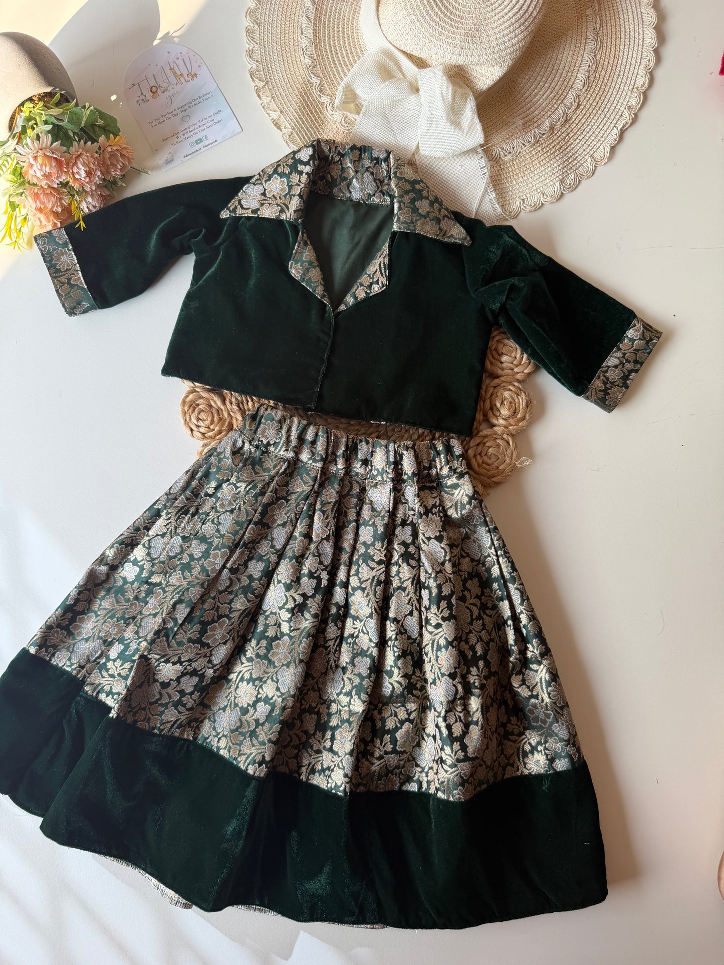 Velvet Green Collar Neck Banarasi Lehenga