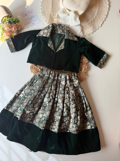 Velvet Green Collar Neck Banarasi Lehenga