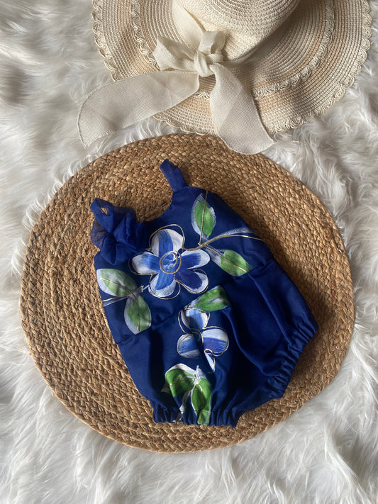 Blue Brush Paint Floral Romper