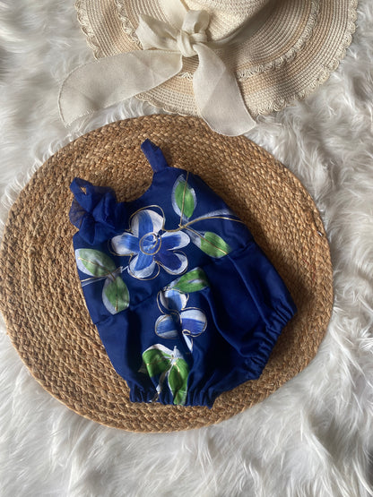 Blue Brush Paint Floral Romper